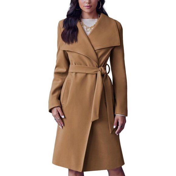 💫 Women Brown Long Collar Trench Coat Lapel Open Front Belted Pockets Jacket - Picture 3 of 5